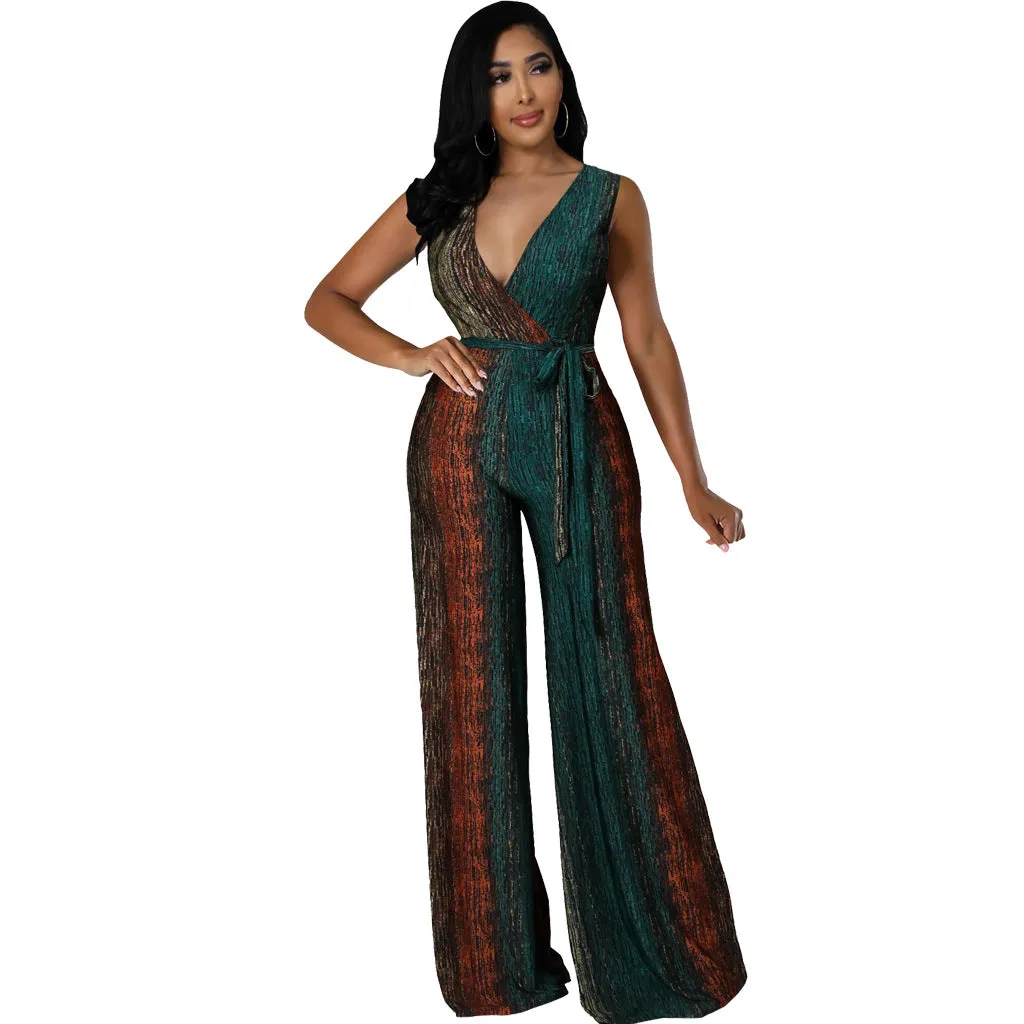 Vibrant Sleeveless V-Neck Wide-Leg Jumpsuit with Tie Waist