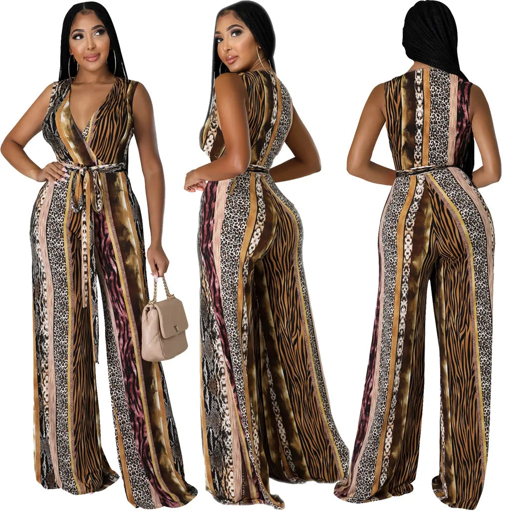 Vibrant Sleeveless V-Neck Wide-Leg Jumpsuit with Tie Waist