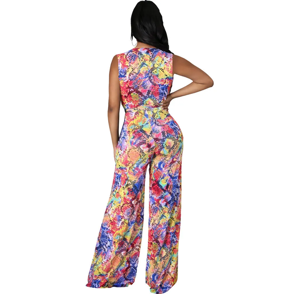 Vibrant Sleeveless V-Neck Wide-Leg Jumpsuit with Tie Waist
