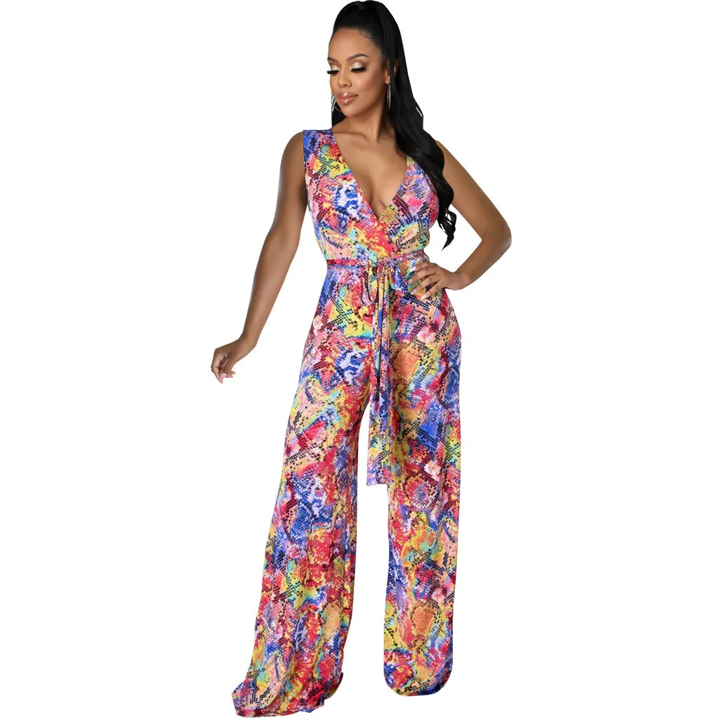 Vibrant Sleeveless V-Neck Wide-Leg Jumpsuit with Tie Waist