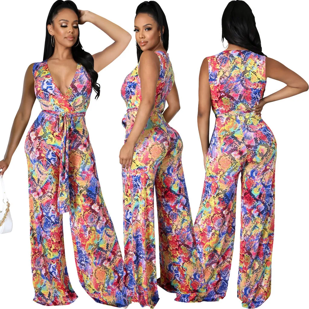 Vibrant Sleeveless V-Neck Wide-Leg Jumpsuit with Tie Waist