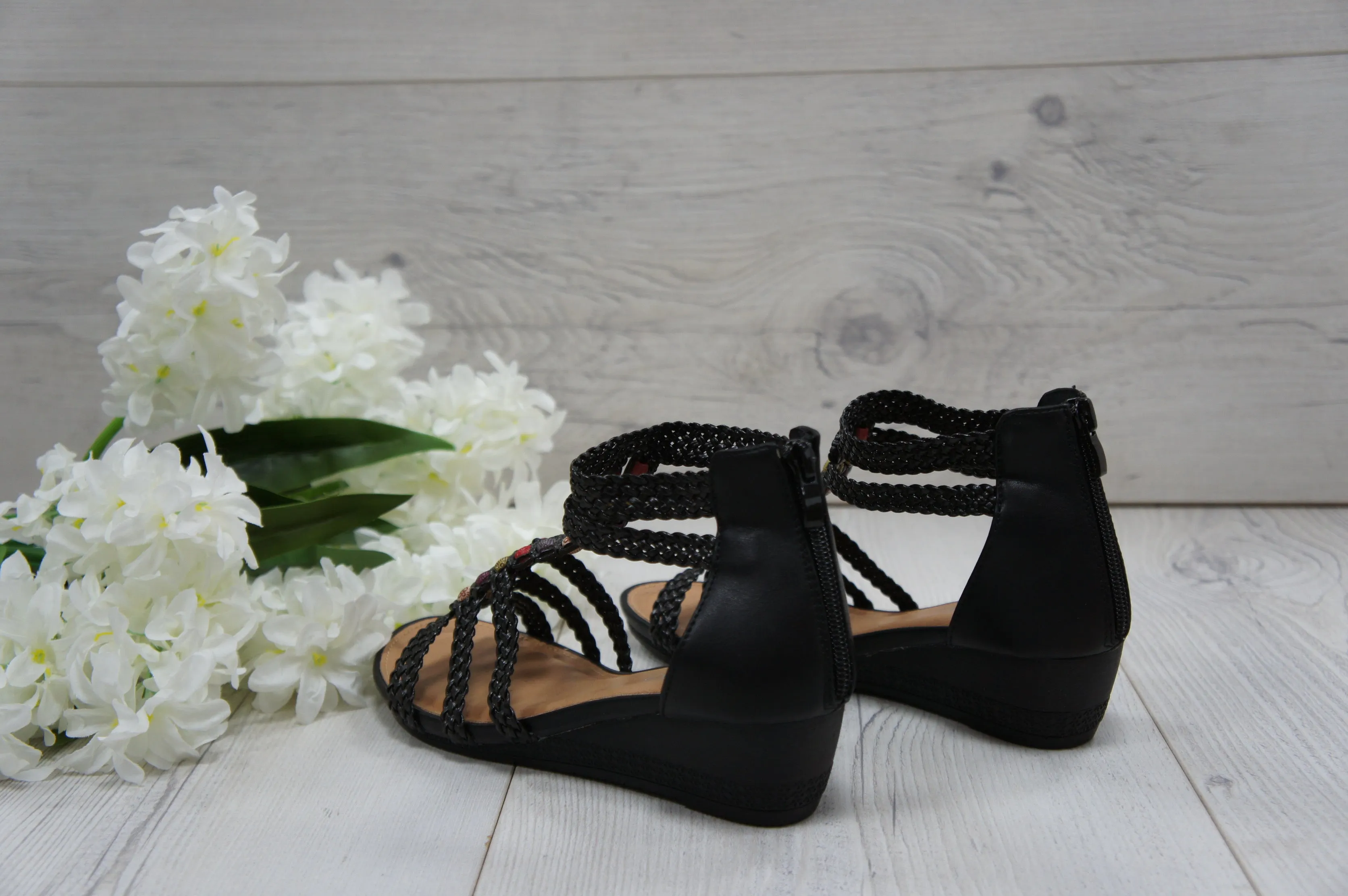 Womens Summer Braided Strappy Beaded Flowery Espadrille Wedge Sandals A8951 BLACK