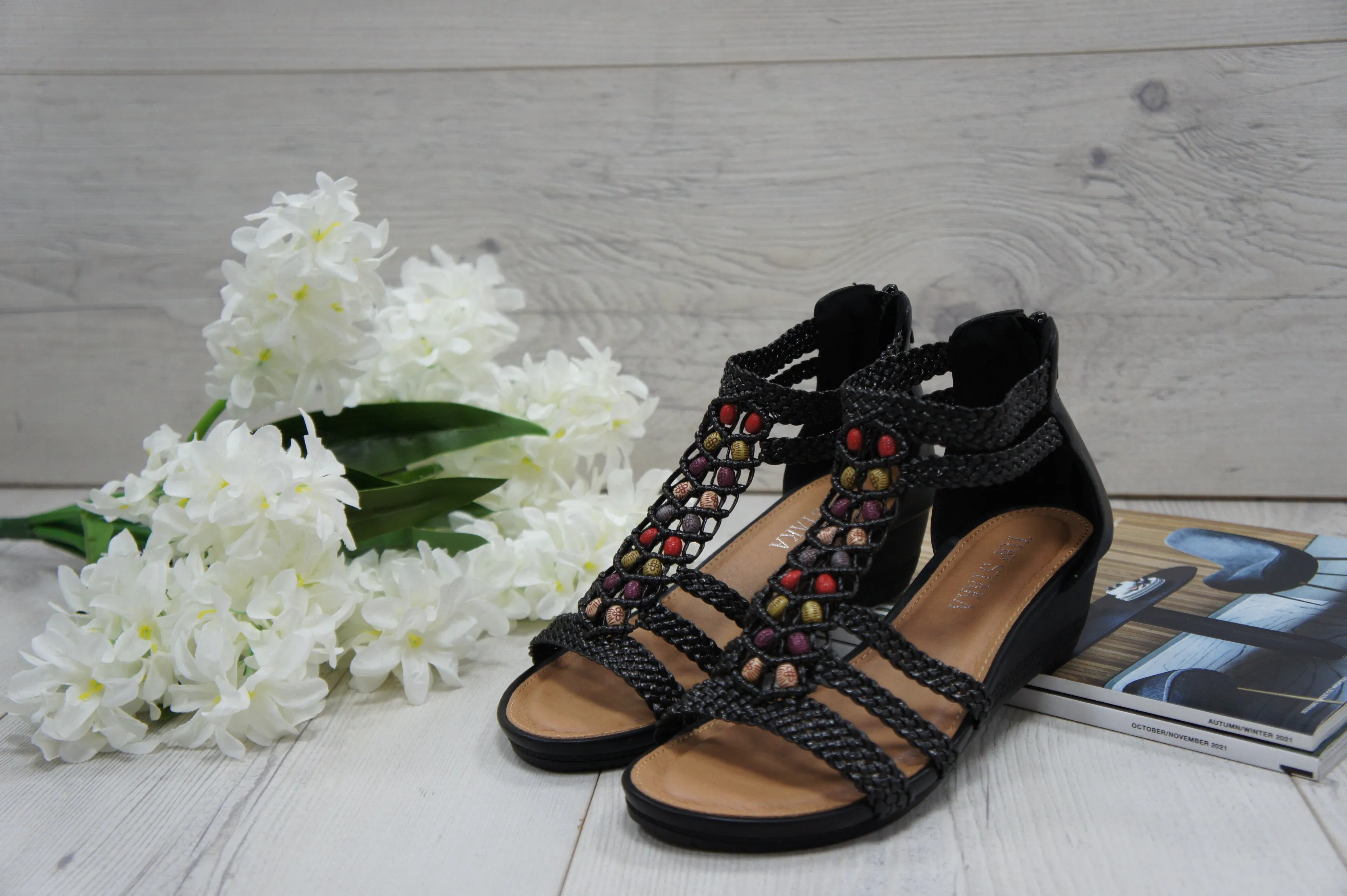 Womens Summer Braided Strappy Beaded Flowery Espadrille Wedge Sandals A8951 BLACK